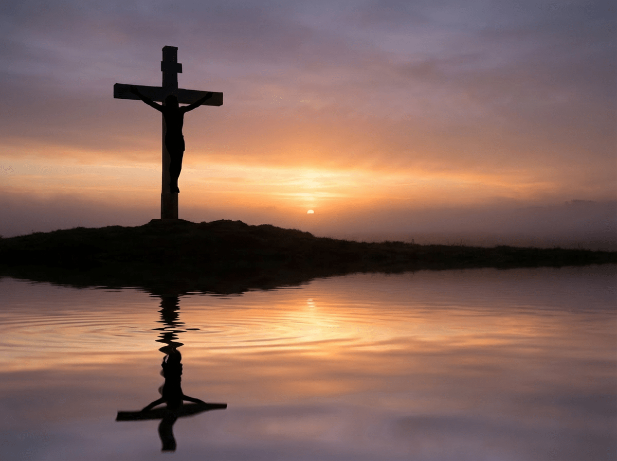 Silhouette of a cross at sunrise over water with text Good Friday Reflection.