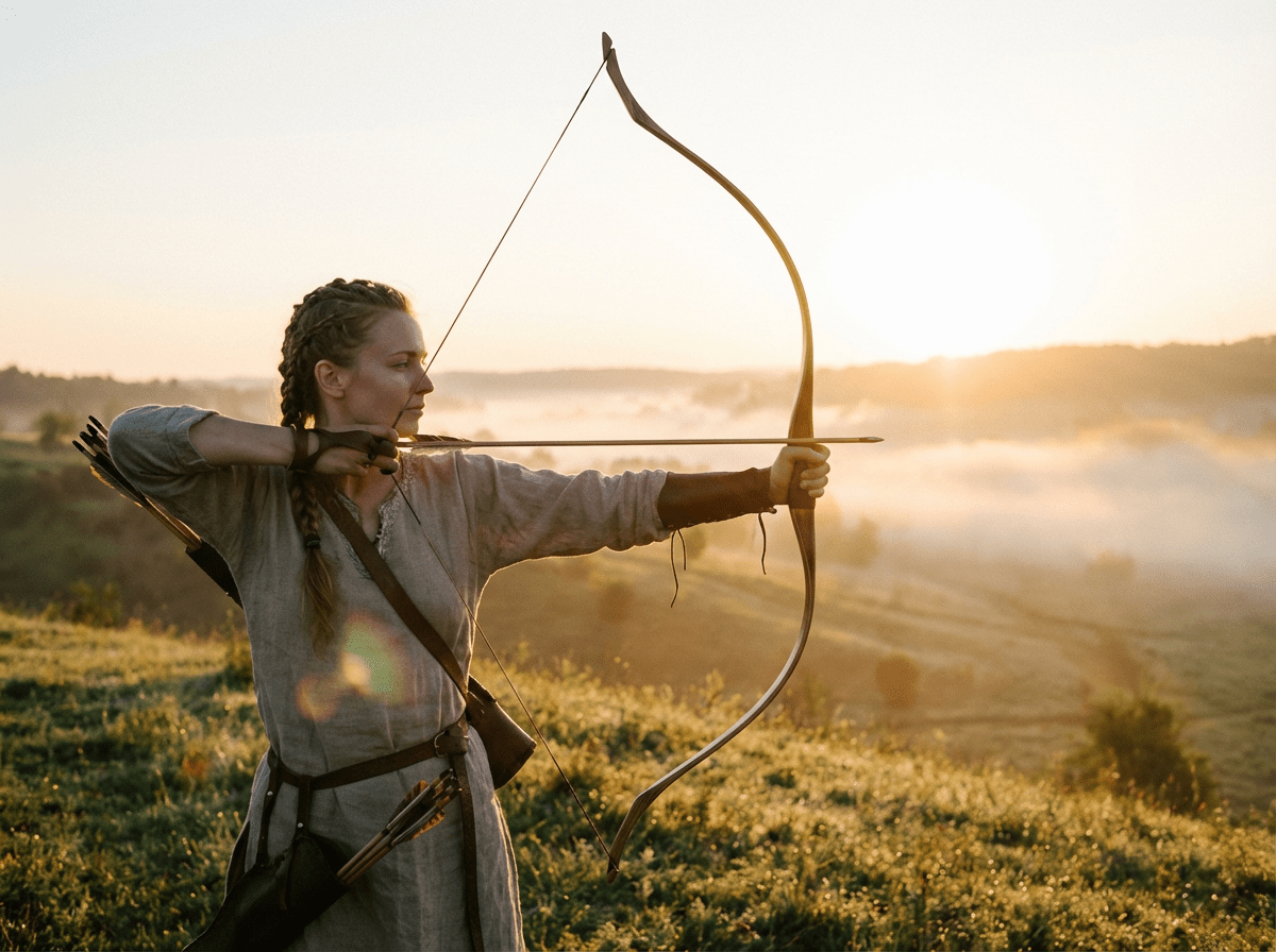 Woman in medieval attire aims a bow across a misty valley at sunrise.