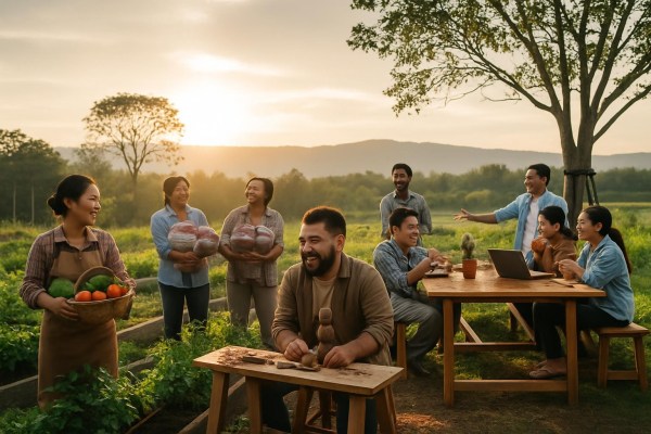 People harvesting vegetables, crafting wood, and collaborating outdoors