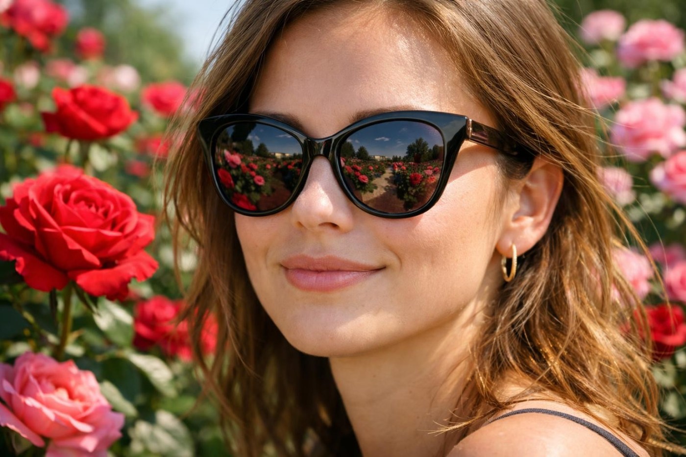 Woman wearing black sunglasses reflecting red and pink roses in a garden