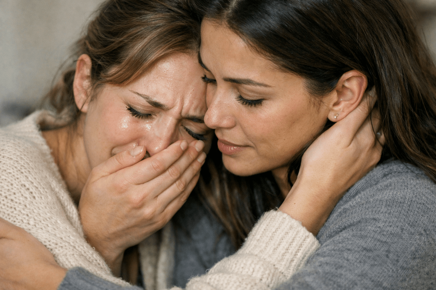Woman crying with tears while another woman gently comforts her
