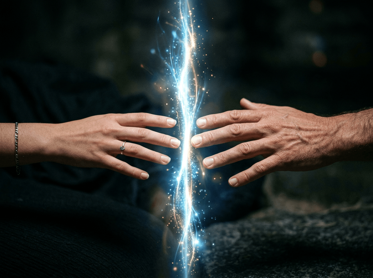 Two hands nearly touching with glowing blue and gold energy light between
