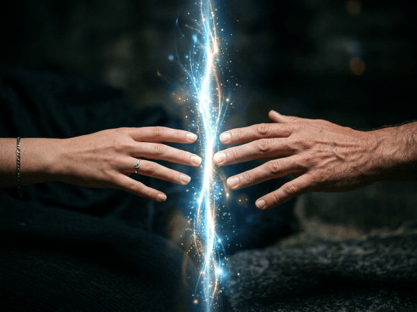 Two hands nearly touching with glowing blue and gold energy light between