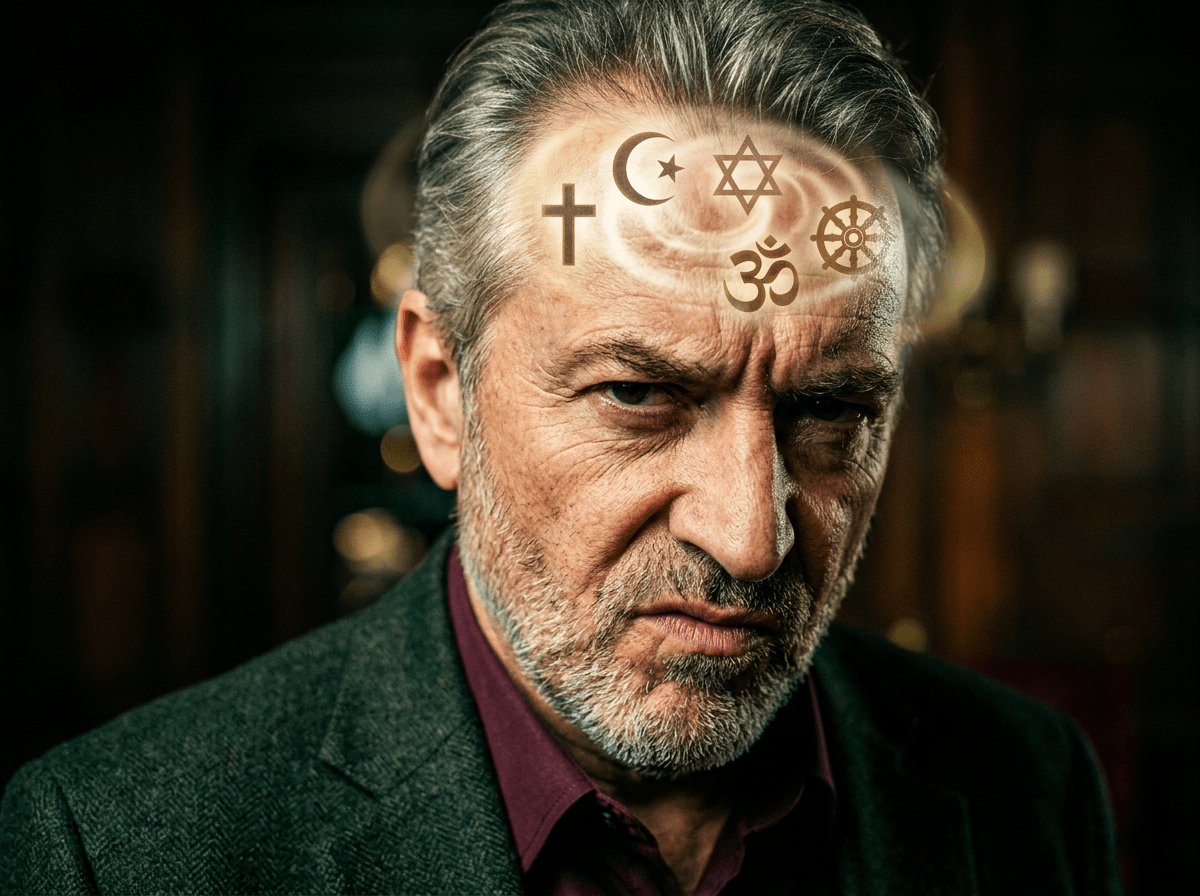Elderly man with illuminated religious symbols on forehead showing spiritual introspection