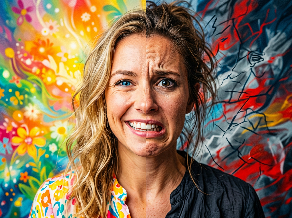 Woman with split facial expressions showing happiness and anxiety against colorful abstract backgrounds
