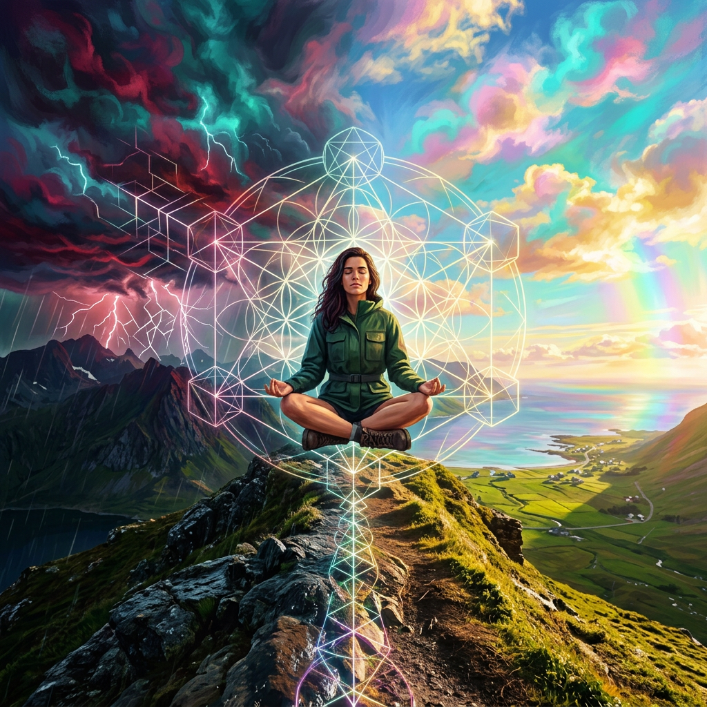 A woman meditating in a green outfit sitting cross-legged on a mountain peak with geometric light patterns, storm clouds on one side and sunny skies with a rainbow on the other