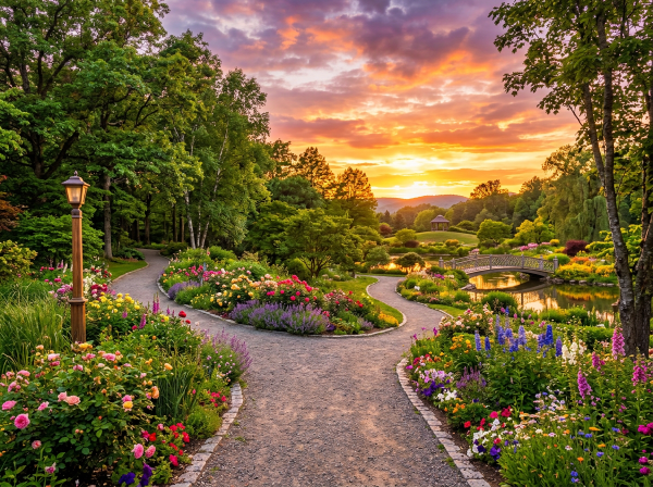 Winding garden paths bordered by colorful flowers with a sunset sky