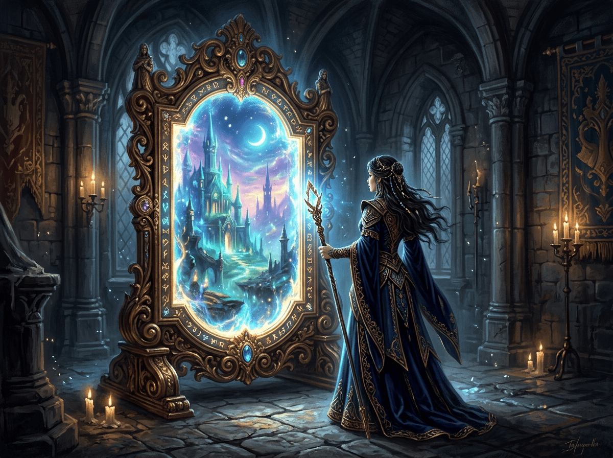 Sorceress in blue gown looking into an ornate magical mirror showing a glowing castle.