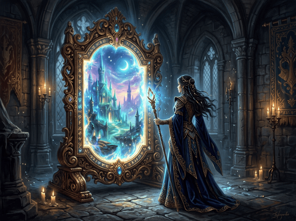 Sorceress in blue gown looking into an ornate magical mirror showing a glowing castle.