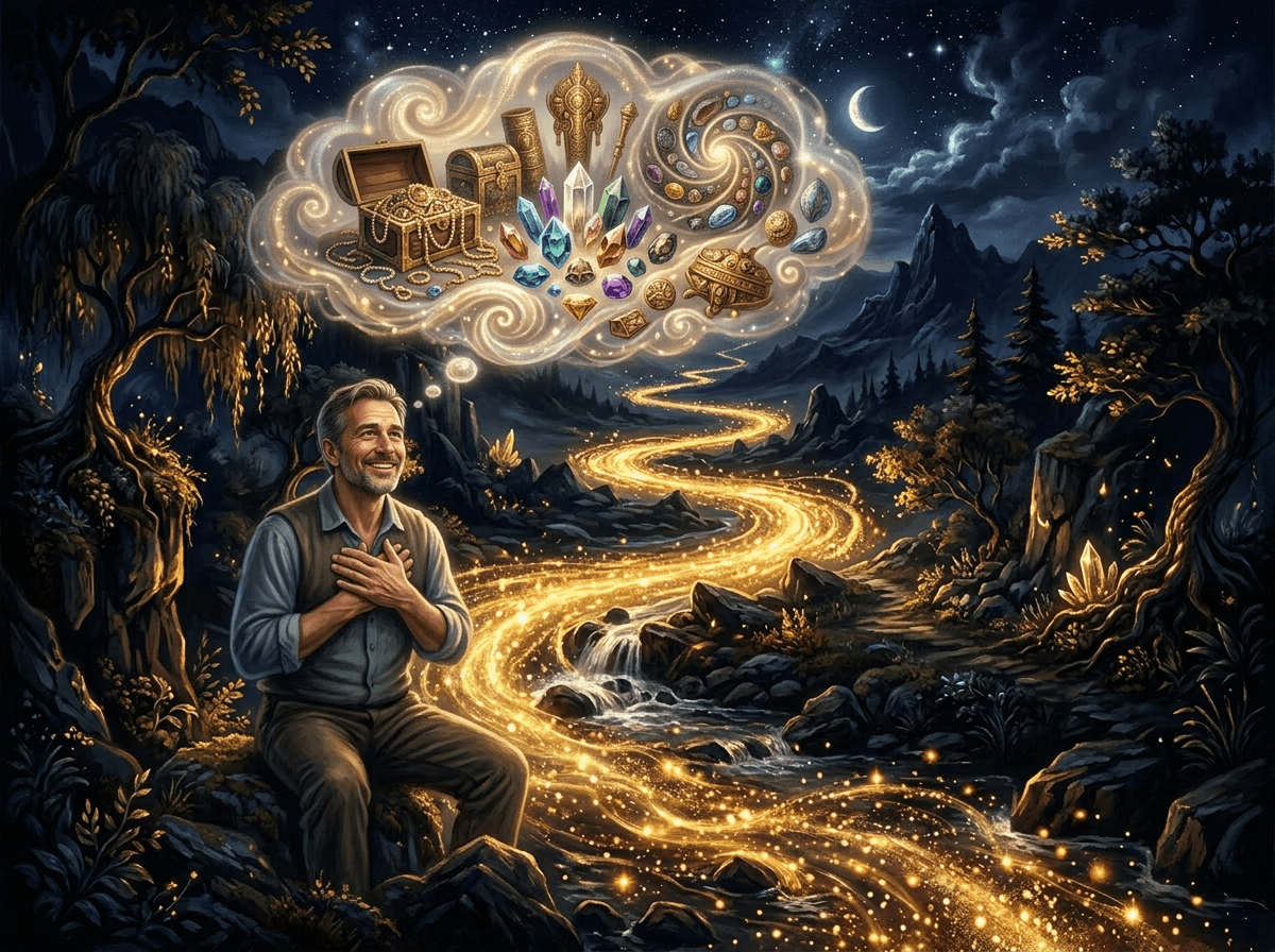 Man dreaming of treasure chests, jewels, and artifacts with a glowing river path at night