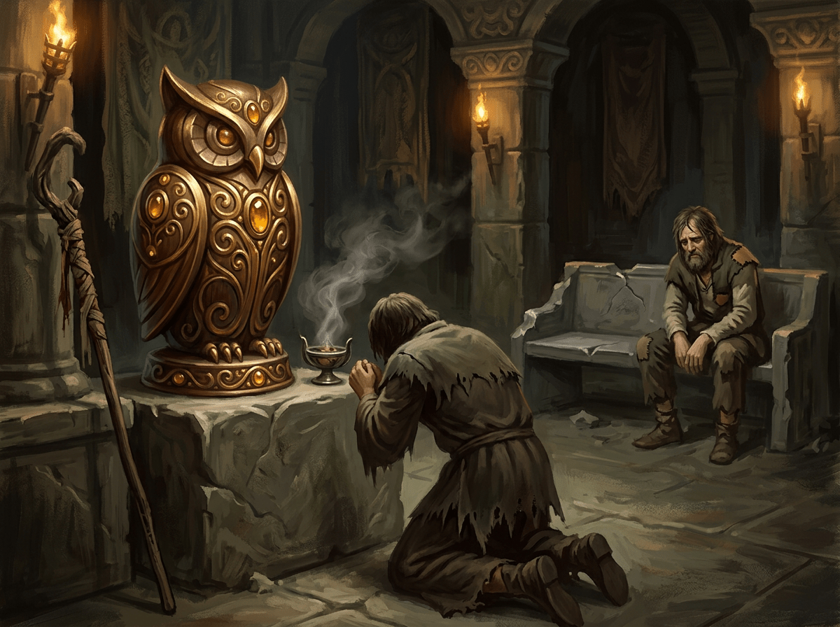 Man kneeling and praying to an ornate owl statue in a stone chamber while another man sits nearby