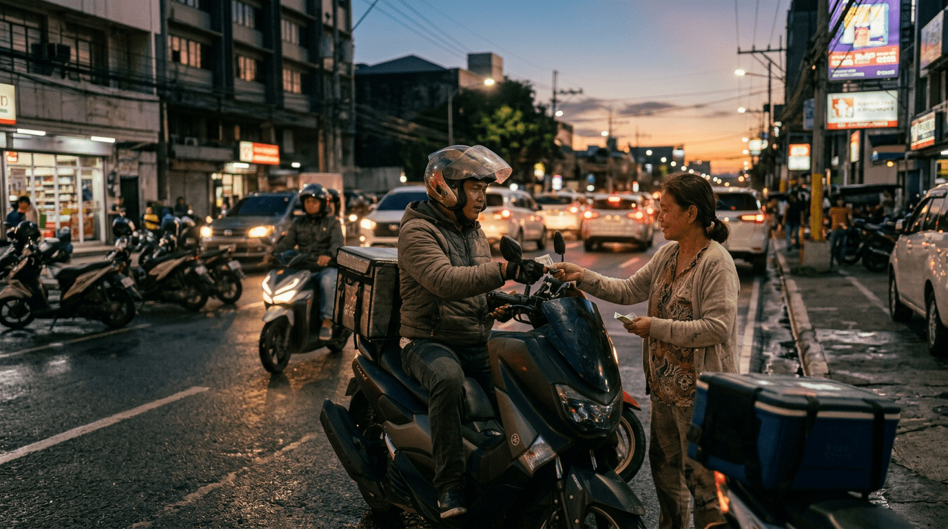 Motorbike rider wearing helmet receiving money from a woman on a busy street at dusk