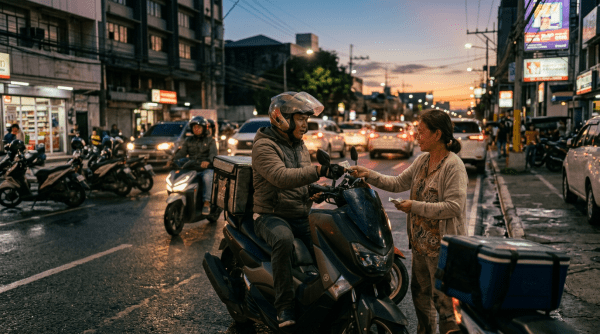 Motorbike rider wearing helmet receiving money from a woman on a busy street at dusk