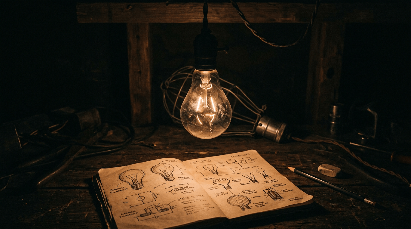 Old-fashioned light bulb lit above an open notebook with light bulb technical drawings and diagrams