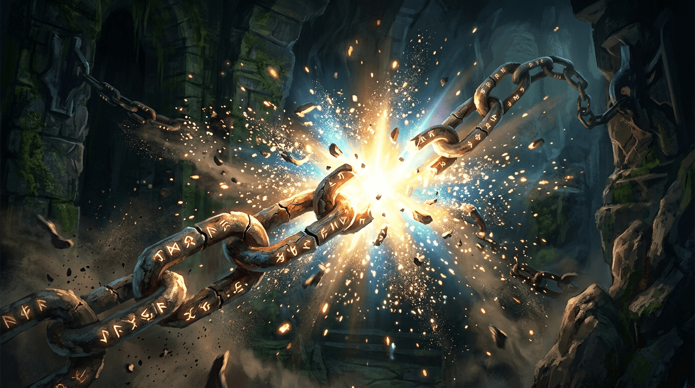 Runed chain breaking apart with bright magical explosion in cave