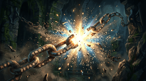 Runed chain breaking apart with bright magical explosion in cave