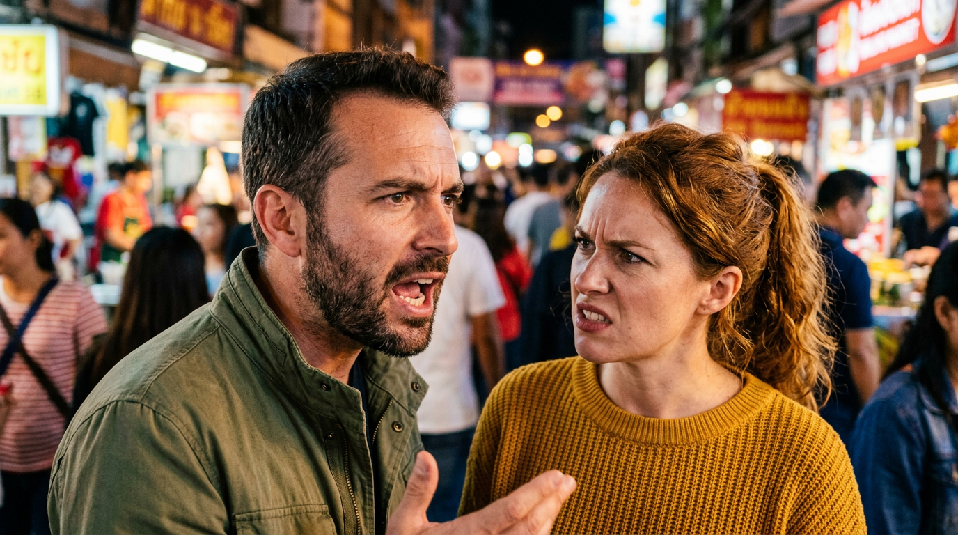 Man and woman arguing intensely in crowded market setting
