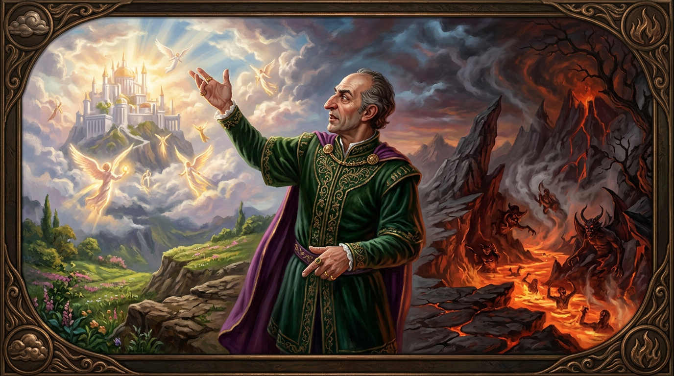 A man in green and purple robes stands between a glowing castle in the clouds with angels and a fiery volcanic landscape with demons and lava.