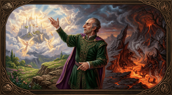 A man in green and purple robes stands between a glowing castle in the clouds with angels and a fiery volcanic landscape with demons and lava.