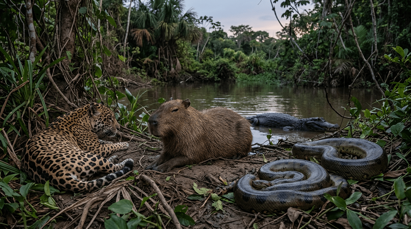 Jaguar resting, capybara sitting, anaconda coiled, and caiman in water by riverbank surrounded by lush vegetation