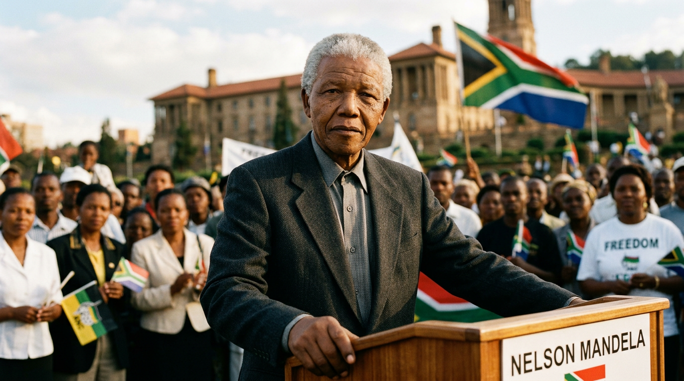 Nelson Mandela at podium with crowd and South African flags