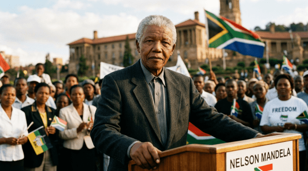 Nelson Mandela at podium with crowd and South African flags