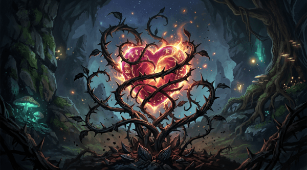 Glowing heart with fiery runes wrapped by dark thorny vines inside a cave