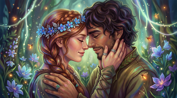 Couple gently touching foreheads with glowing fireflies and purple flowers around