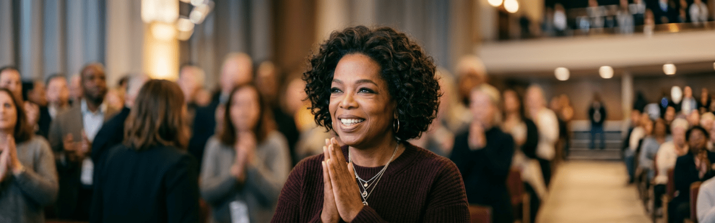 Smiling woman with clasped hands wearing layered necklaces and a maroon sweater