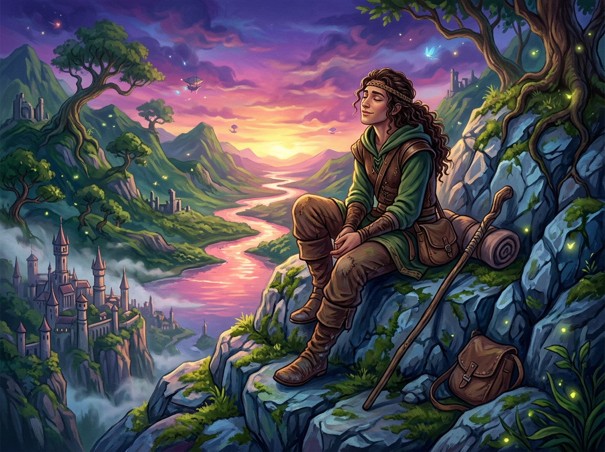 Young traveler sitting on rocks near a tree with a magical valley, river, and castle in background at sunset