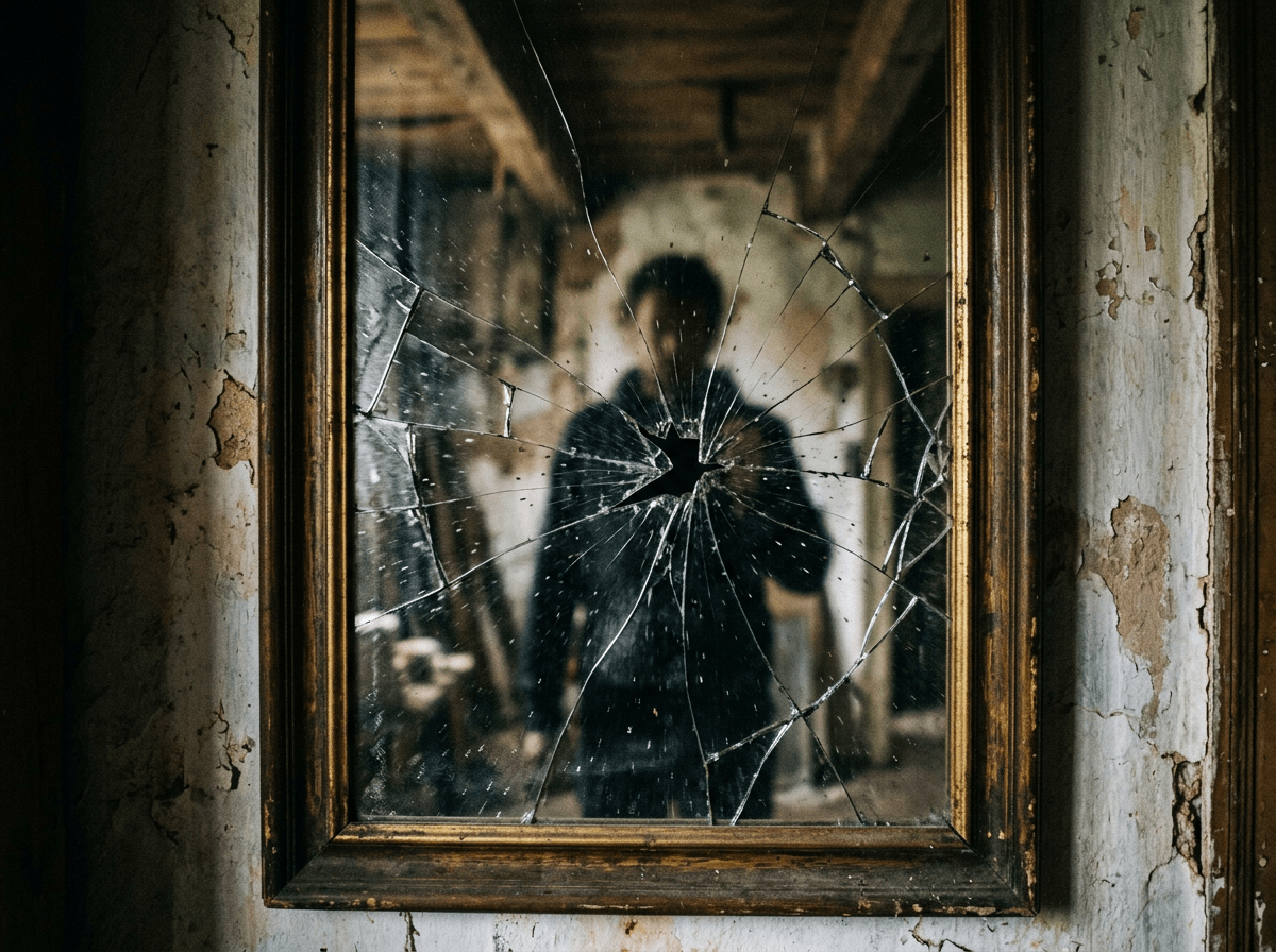 Cracked mirror with shattered glass reflecting blurred figure