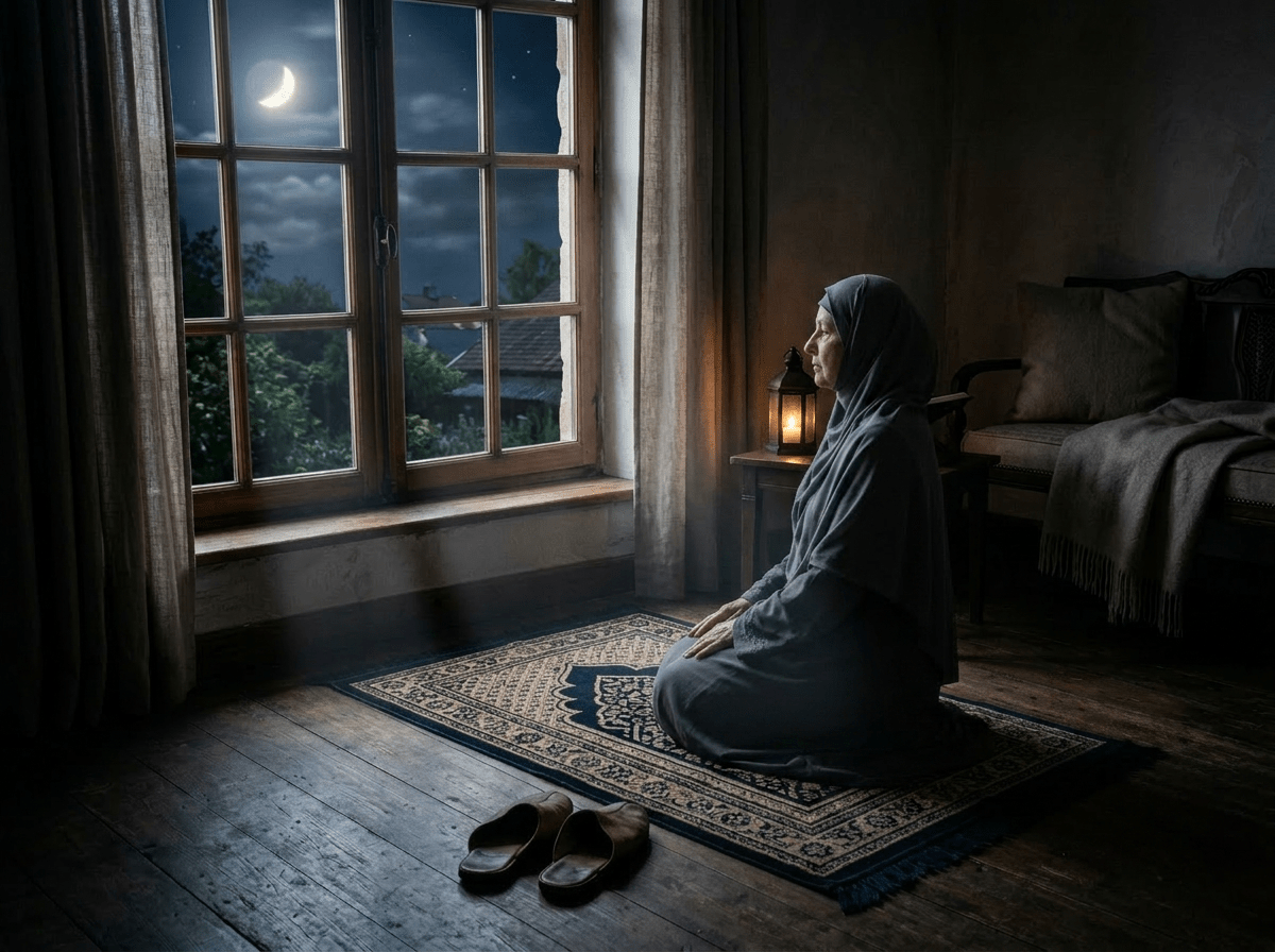 Cozy room with a patterned rug, slippers, lit lantern on a small table with an open book, and a large window showing a crescent moon at night