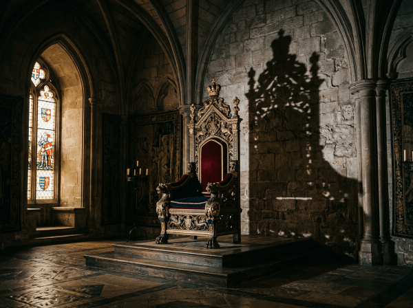 Ornate medieval throne with red velvet seat under vaulted stone ceiling