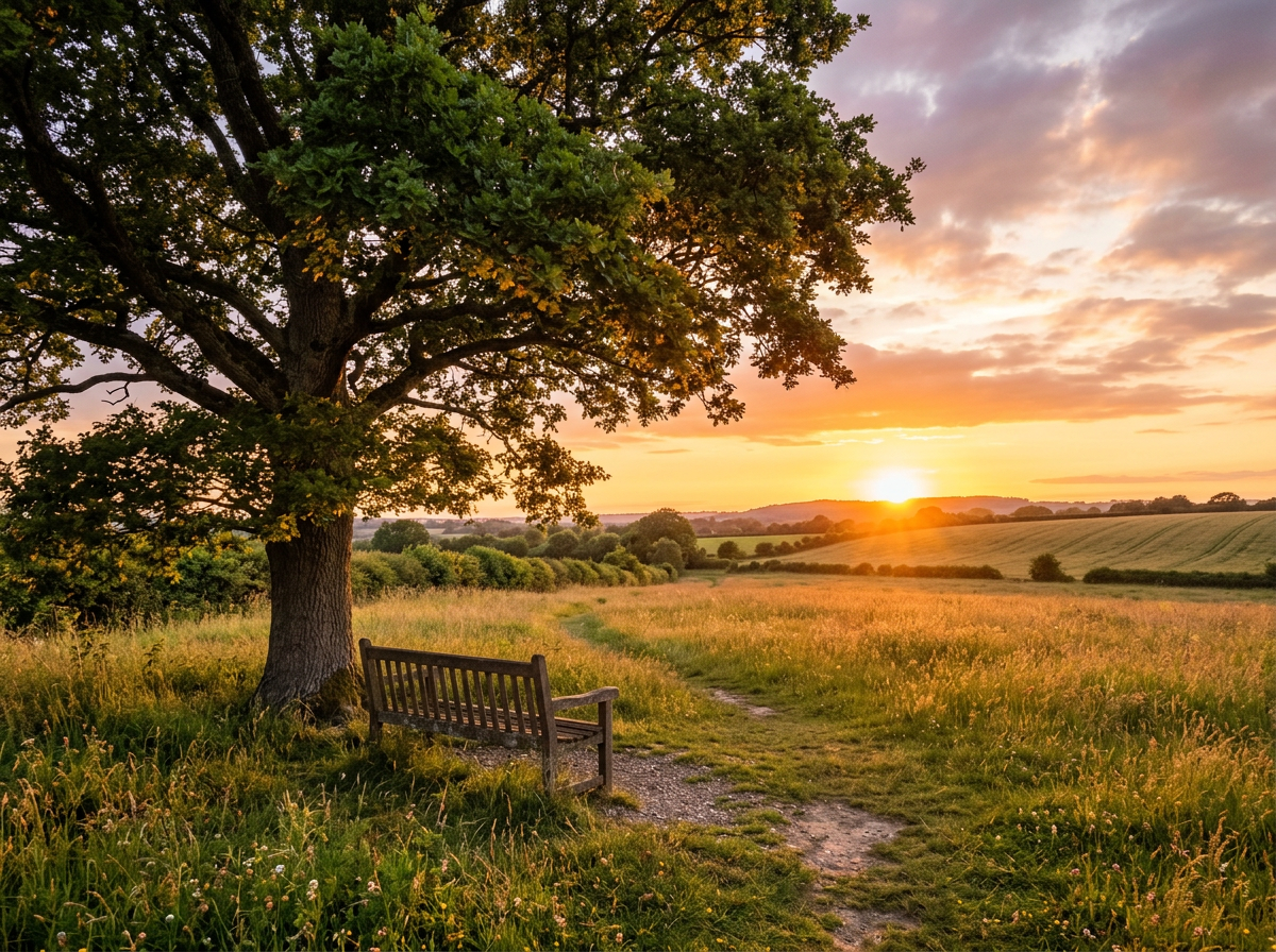 Wooden bench beneath large leafy tree facing a golden sunset over fields