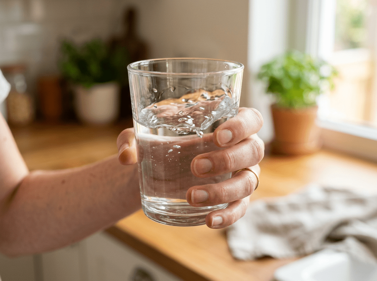Hand holding a clear glass filled with water