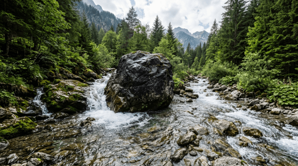 Clear mountain stream flowing around a large dark boulder with green trees and mountains in the background