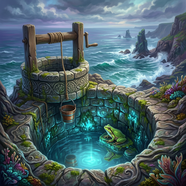 Stone well with glowing water and a green frog on a rock by stormy ocean cliffs