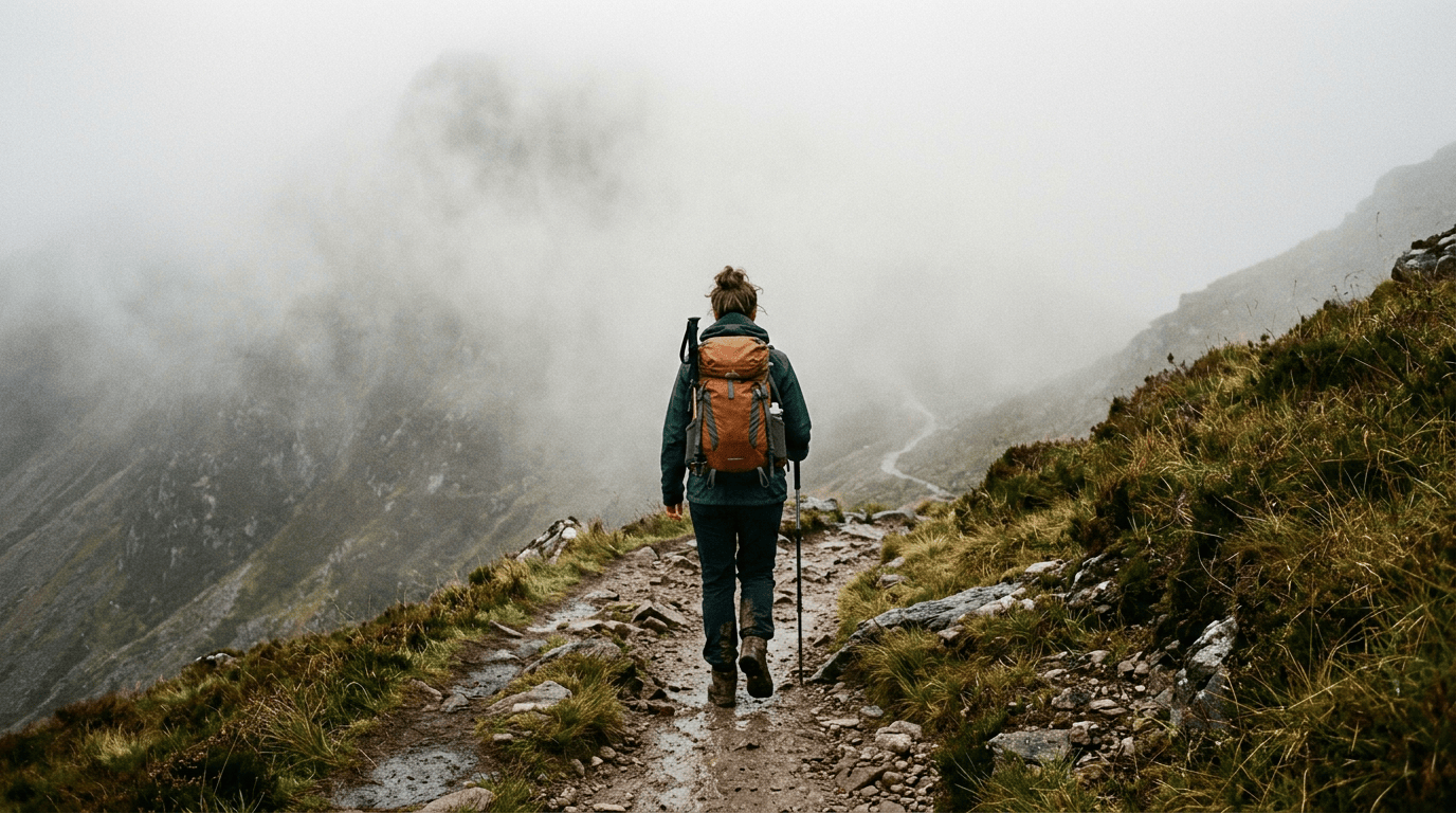 Hiker with backpack and poles walking on foggy rocky mountain path