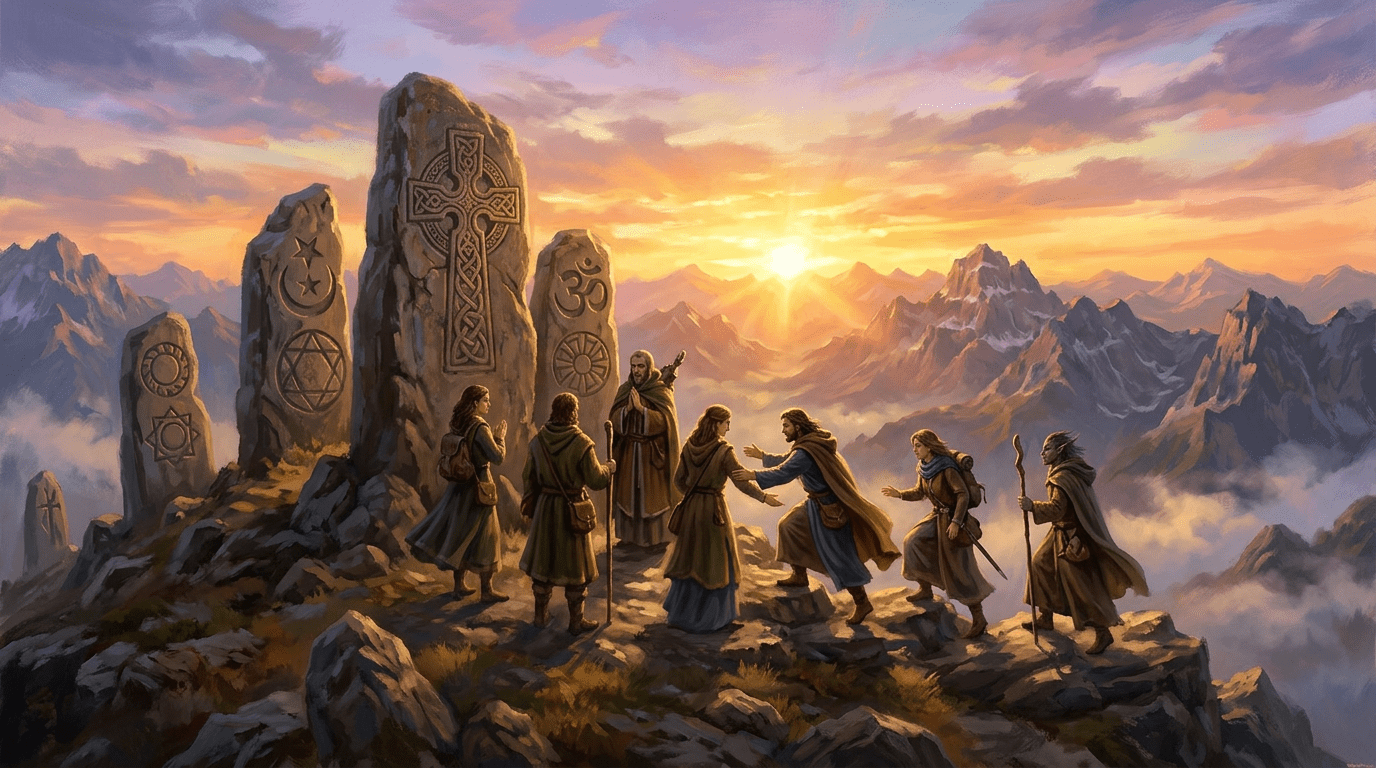 Group of people on rocky mountain peak at sunrise with stones carved with religious symbols