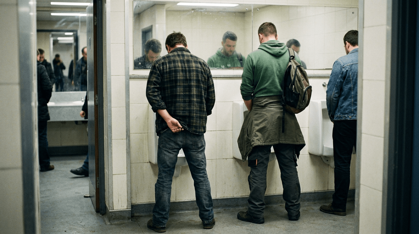 Three men standing at urinals in a public restroom with tiled walls and a mirror above