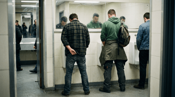Three men standing at urinals in a public restroom with tiled walls and a mirror above