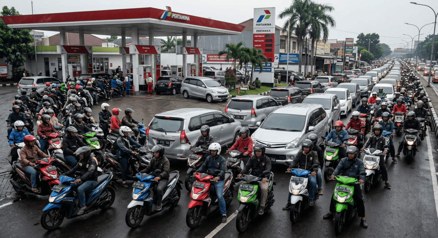 Motorbikes and cars congested near Pertamina gas station in city