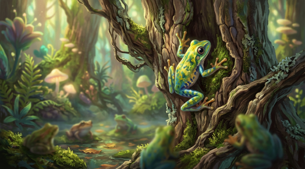 Bright green and yellow tree frog climbing a textured tree trunk with moss in a dense forest environment