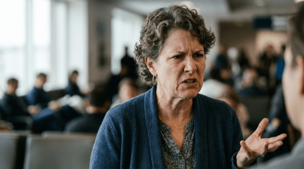 Concerned woman gesturing while speaking in a busy airport waiting area