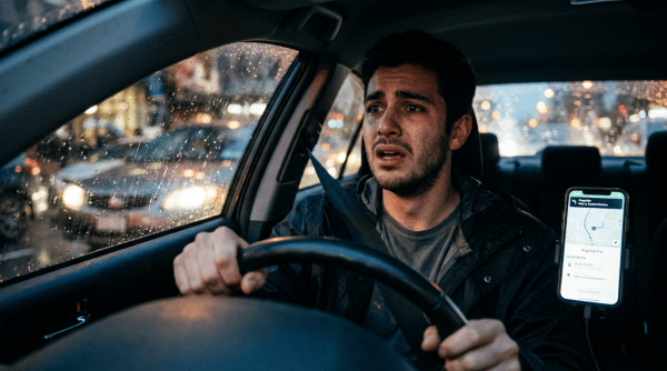 Rideshare driver using navigation while driving through rainy nighttime traffic