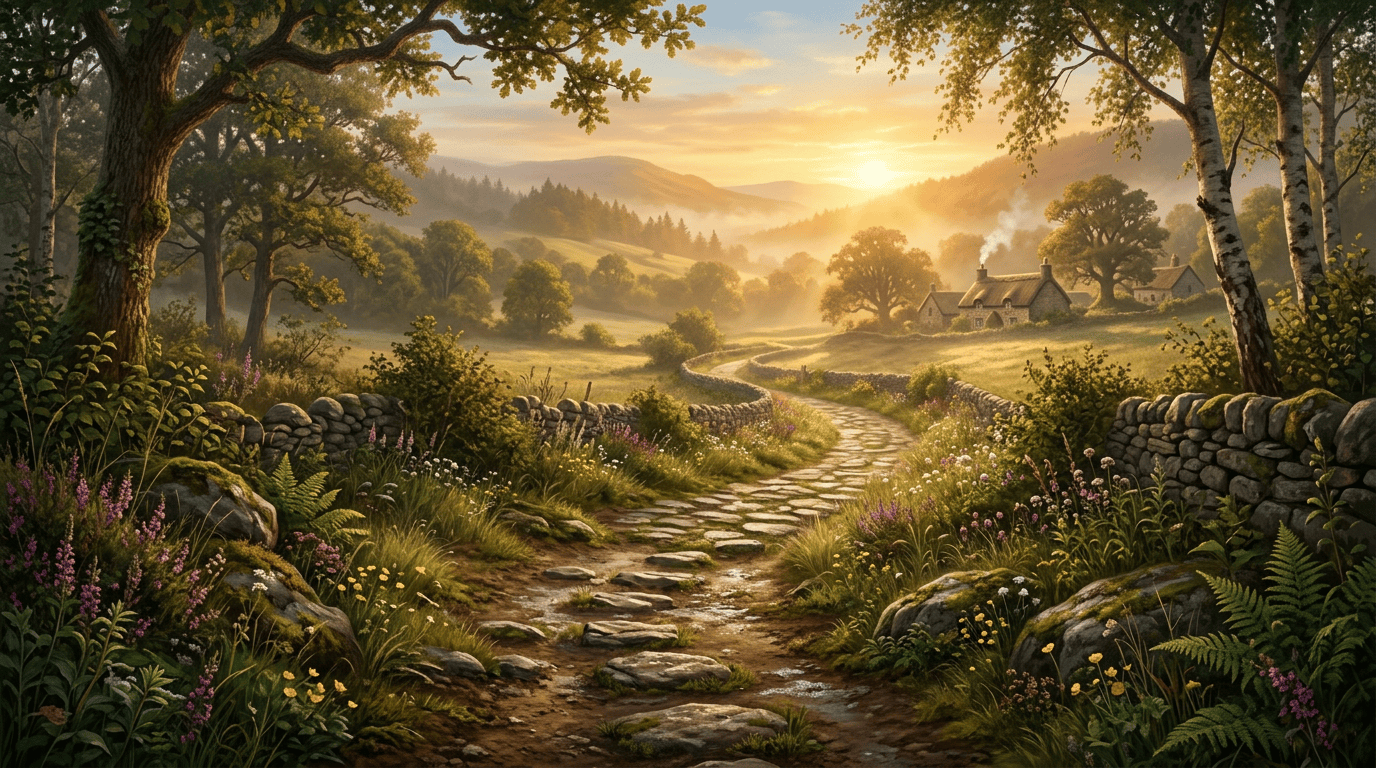 Quiet stone path through rural landscape at morning