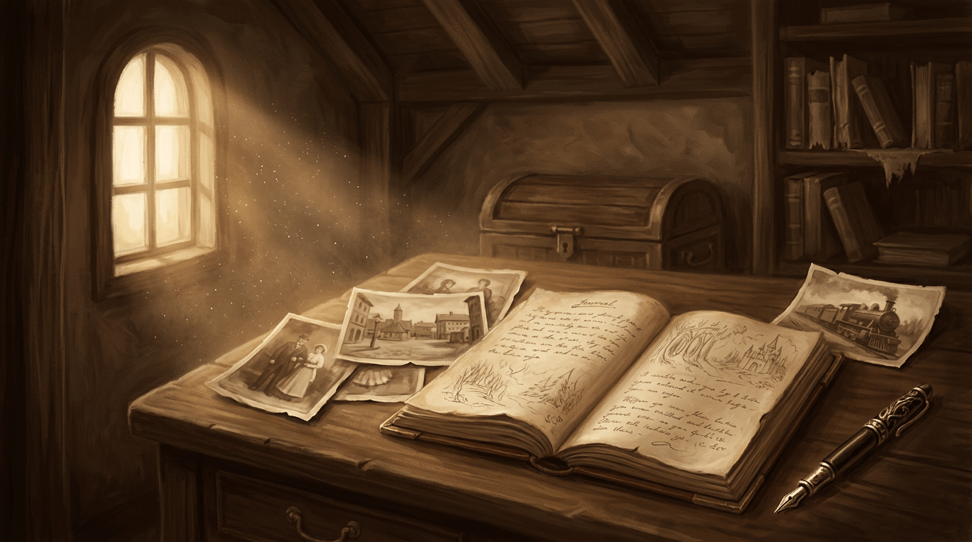 Open handwritten journal with vintage photographs and fountain pen on wooden desk
