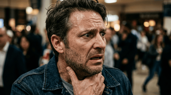 Worried man clutching his throat in a crowded indoor setting