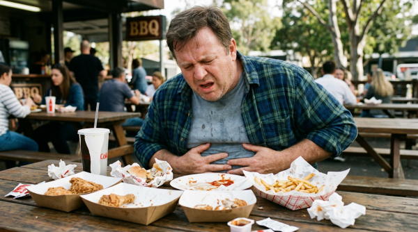 Diner clutching stomach at outdoor BBQ table amid food
