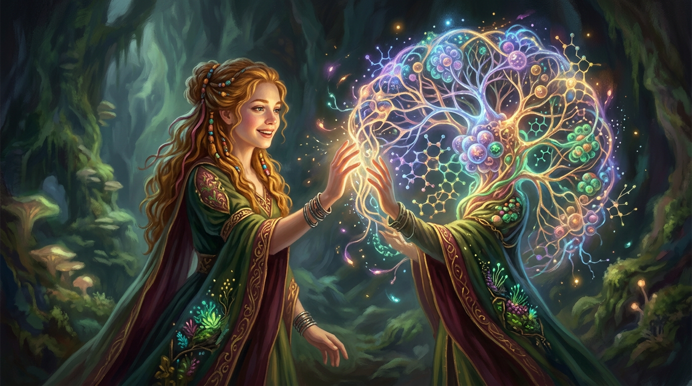 Enchanted woman reaching toward a glowing cosmic tree in a forest